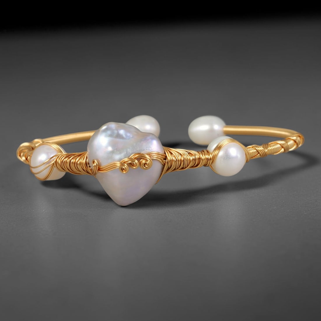 Natural Cultured Freshwater Pearl Gold Plated Wire Wrap Open Cuff Bracelet, 79AC: Handcrafted adjustable open cuff bracelet constructed from polished gold plated metal wire, featuring genuine natural cultured freshwater pearl inlays secured via intricate hand wire-wrapping craft te