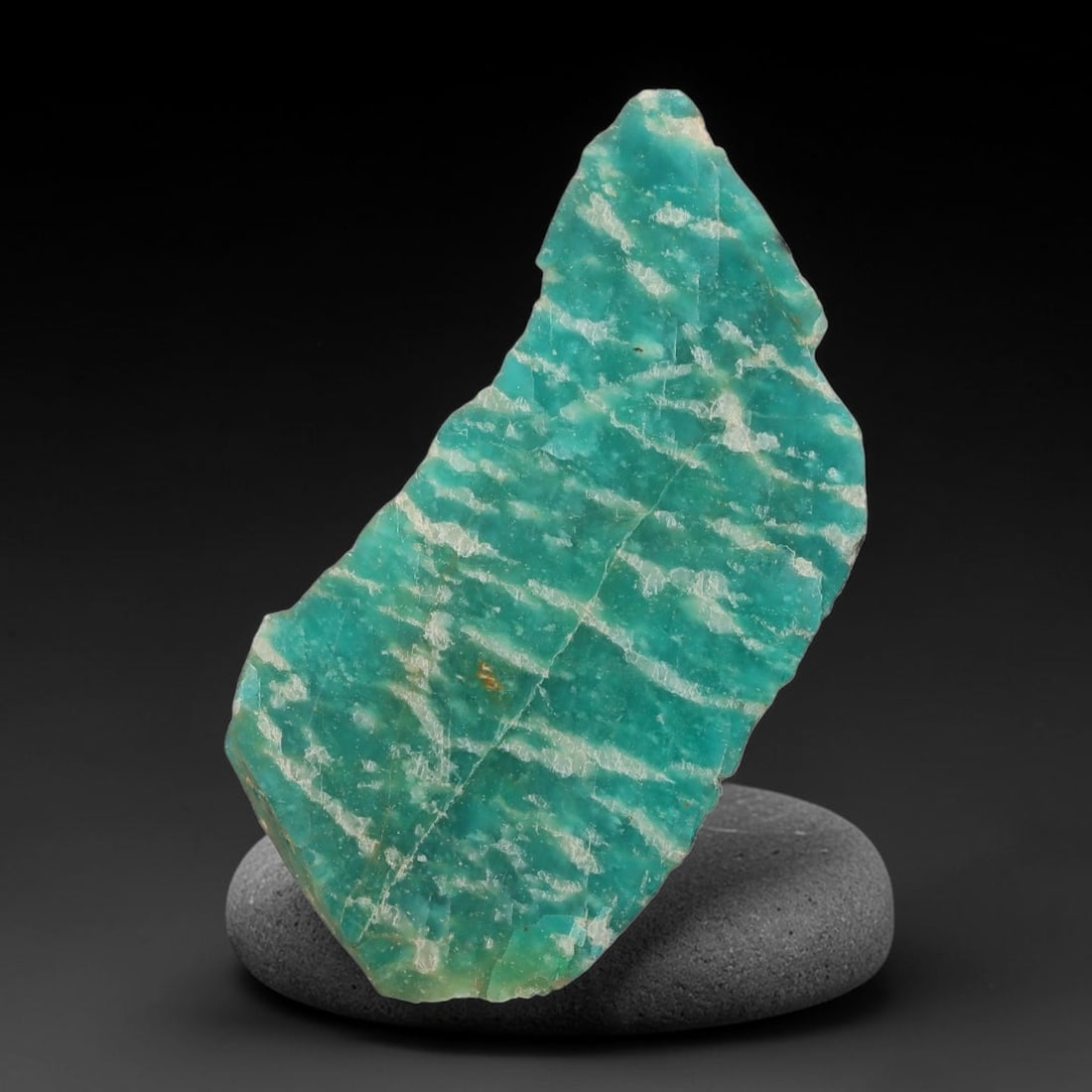 90ct Natural Russian Ural Amazonite Slab Rough, 97EB: This intact amazonite slab features distinct parallel mineral banding running uniformly across its naturally split flat surface within 46x23x17mm slab dimensions, retaining unmodified natural geologic