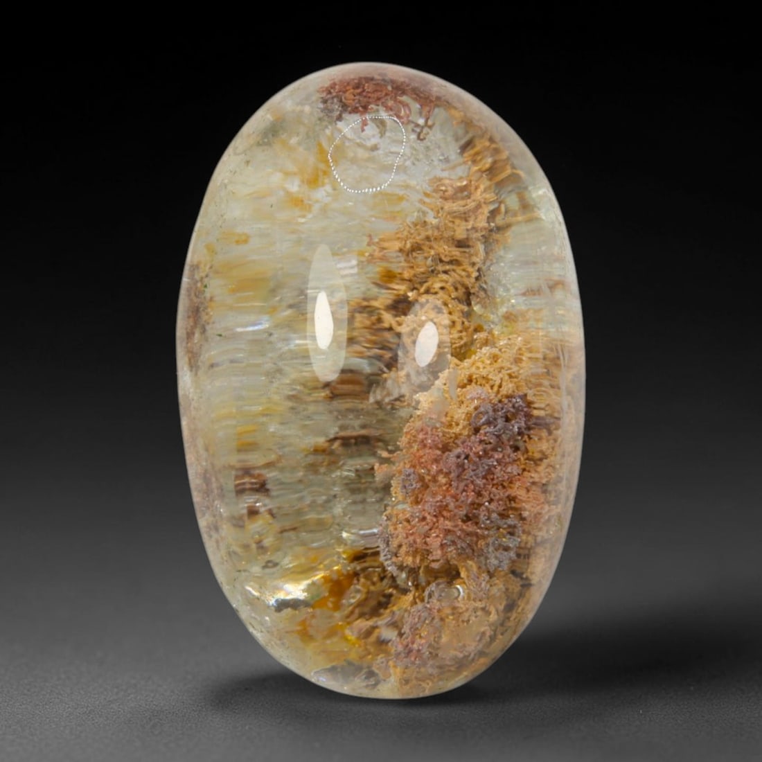 19ct Natural Brazilian Phantom Quartz Oval Cabochon Loose Gemstone, 70BM: This smoothly polished cabochon of natural phantom quartz preserves delicate layered phantom crystal formations enclosed inside transparent quartz host. The domed polished surface offers unobstructed 