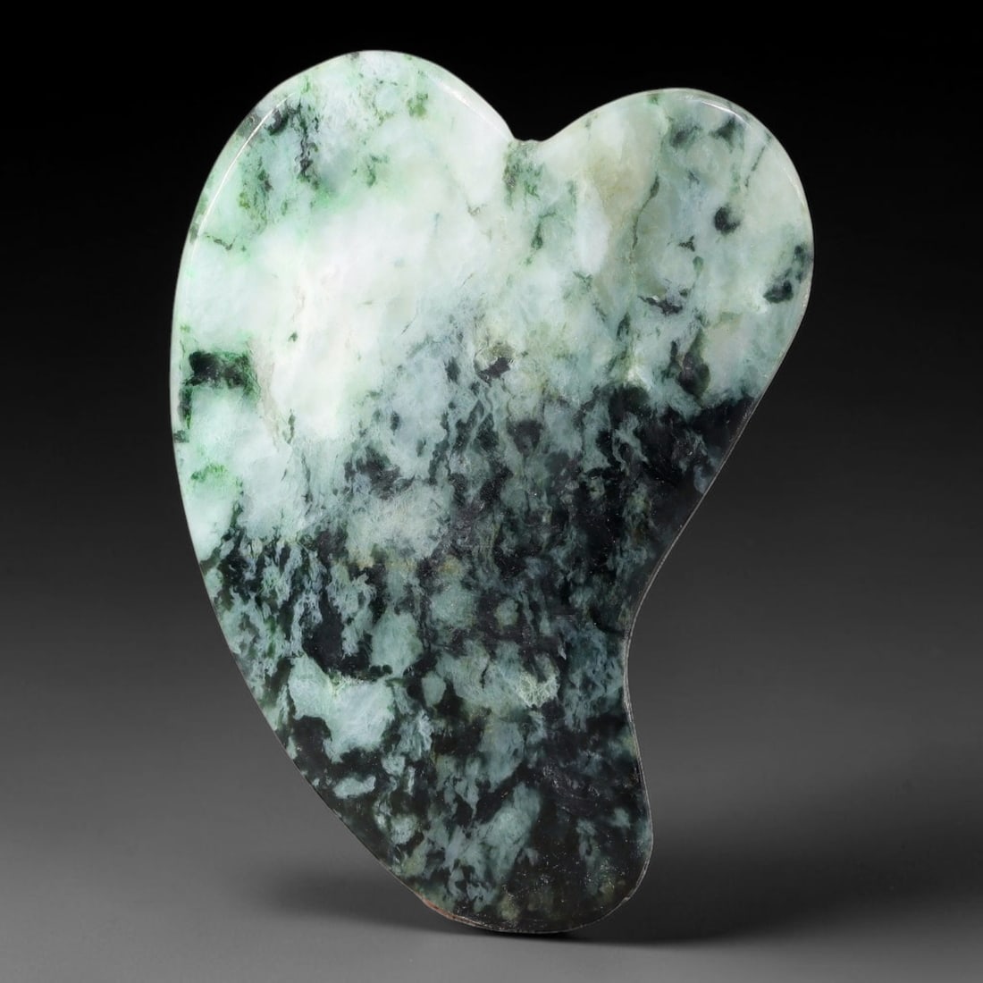 Natural Burmese Type A Jadeite Jade Facial Massage Gua Sha Tool, 39BK: Polished natural untreated Burmese Type A jadeite jade massage tool, measuring 88x63x4 mm. Crafted into the classic heart-shaped contour tool widely used for traditional facial and body stone massage 