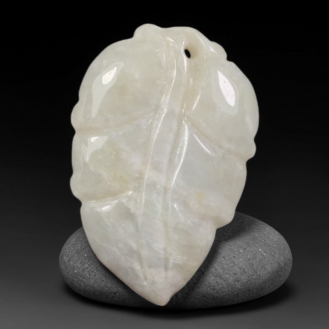 Natural Vintage Burmese Type A Jadeite Jade Creamy White Leaf Pendant, 60AA: Hand-carved vintage wearable pendant crafted from untreated natural Burmese Type A jadeite jade, measuring 2.9cm x 2cm. Shaped into a traditional full leaf silhouette symbolizing career advancement an