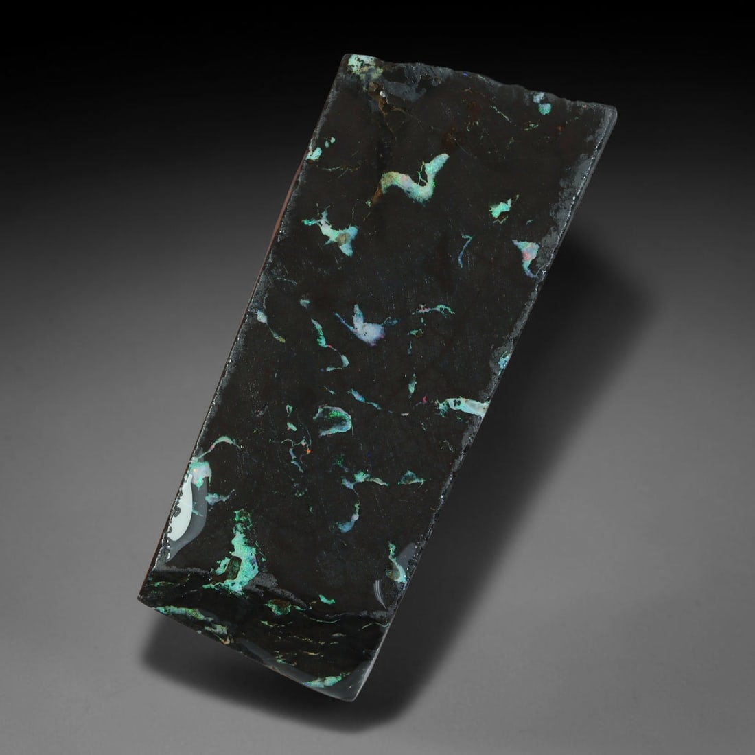 52.7ct Natural Australian Queensland Boulder Opal Sliced Slab Cutting Rough, 14AY: Natural sliced slab rough of Queensland boulder opal cutting grade, featuring rich color ironstone matrix with patterns. The face clearly reveals extensive opal veining and pocket formations running t