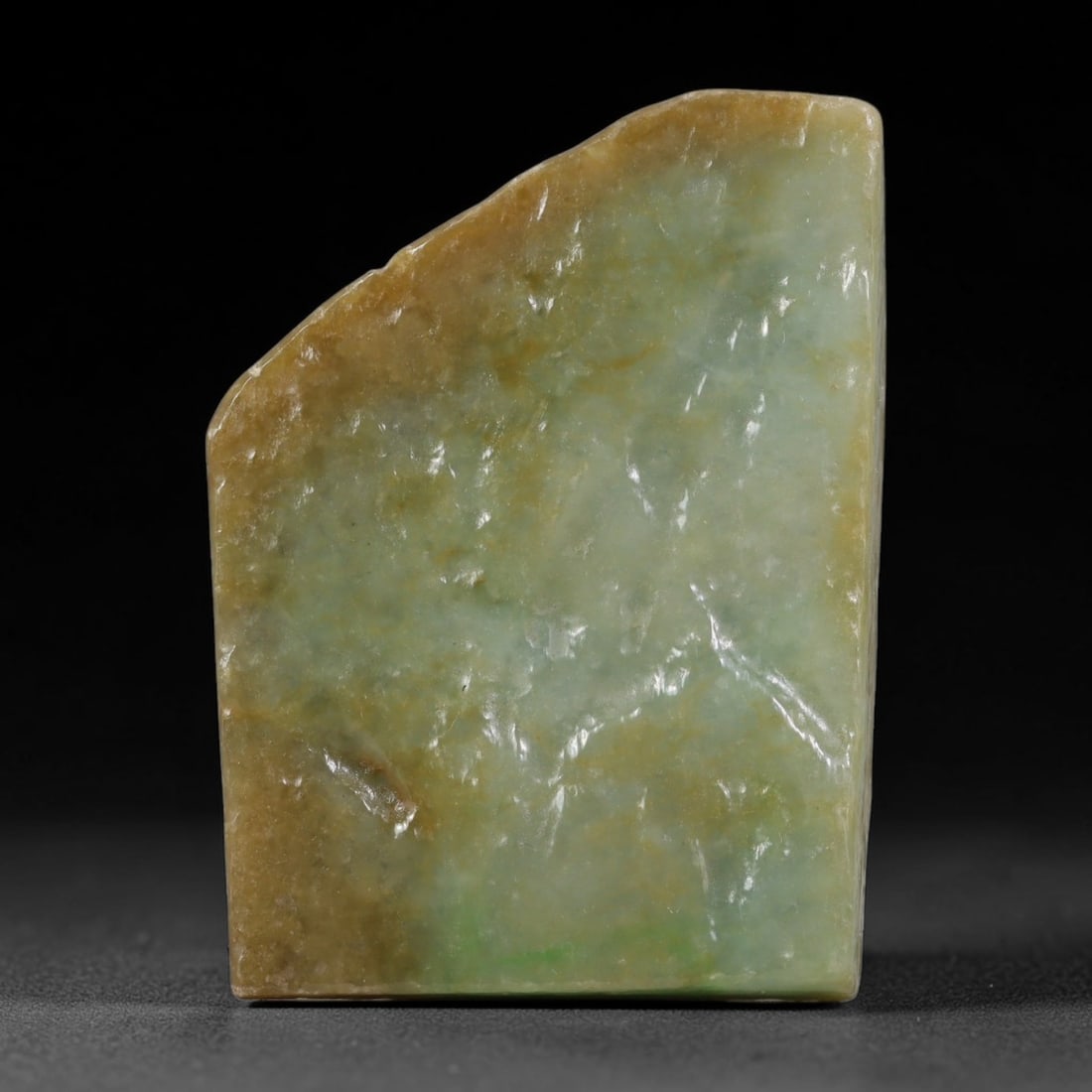325ct Natural Type A Burmese Jadeite Jade Polished Sliced Rough, 94AZ: This specimen is a sliced rough block of natural Type A Burmese jadeite jade. The interior displays natural colour zoning with visible mineral veining and crystalline patterns typical of unprocessed j
