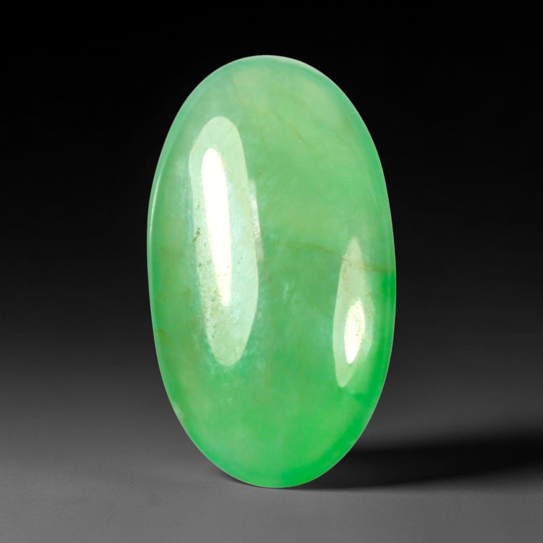 2.24ct Natural Burmese Type A Apple Green Jadeite Jade Cabochon, 80BP: This single loose natural Burmese Type A jadeite jade cabochon with exact dimensions of 12.8x7.2x2.6mm. It is completely untreated, free of artificial dye, bleaching, or resin filling, preserving the 