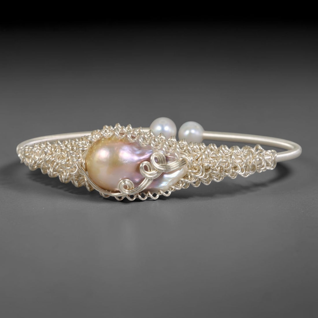 Natural Cultured Freshwater Pearl White Gold Plated Wire Wrap Open Cuff Bracelet, 91AC: Artisan handcrafted adjustable open cuff bracelet fashioned from smooth white gold plated metal wire, set with genuine natural cultured freshwater pearls held by elaborate hand-woven wirework detailin