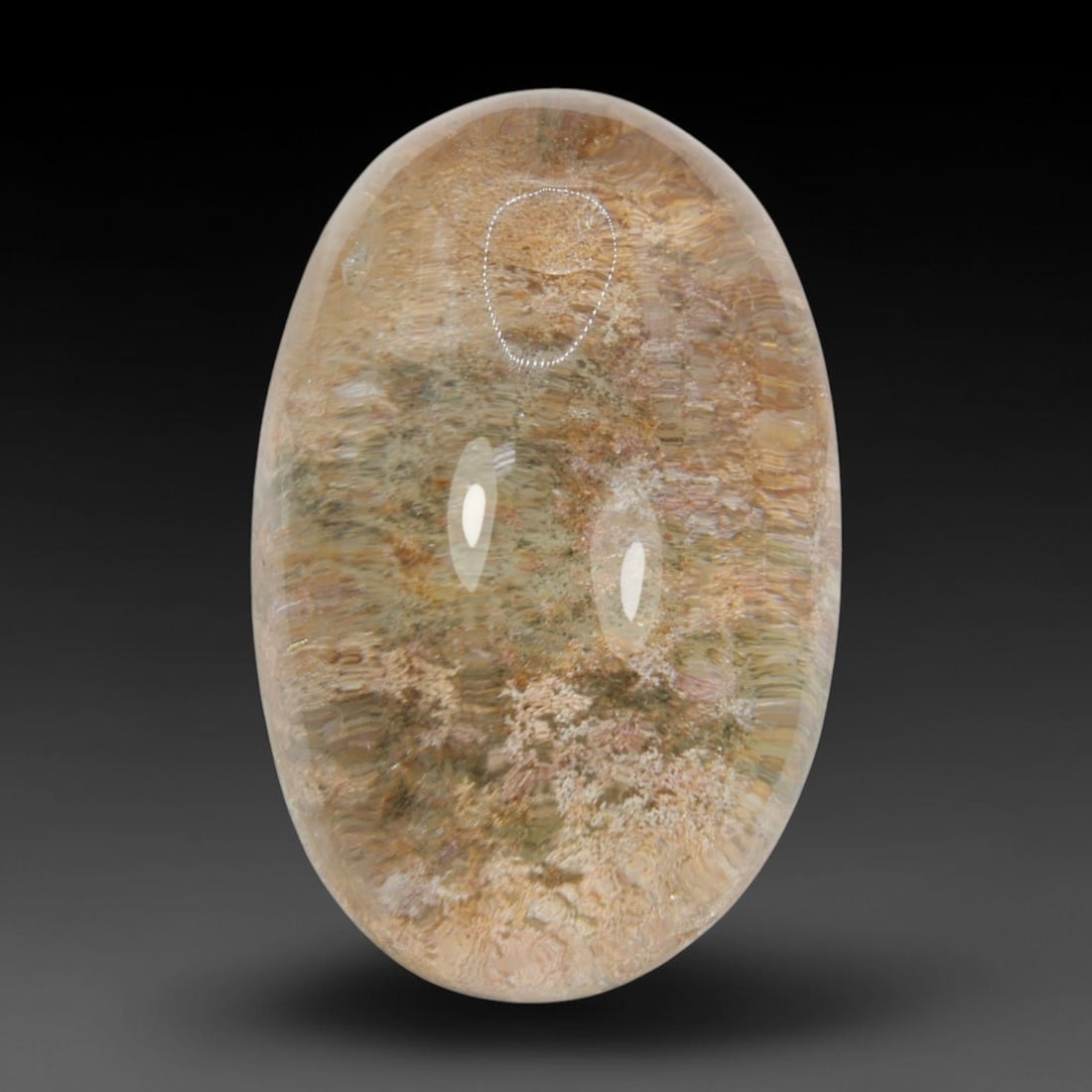 30ct Natural Brazilian Phantom Quartz Oval Cabochon Loose Gemstone, 14BM: This smoothly polished cabochon of natural phantom quartz preserves delicate layered phantom crystal formations enclosed inside transparent quartz host. The domed polished surface offers unobstructed 
