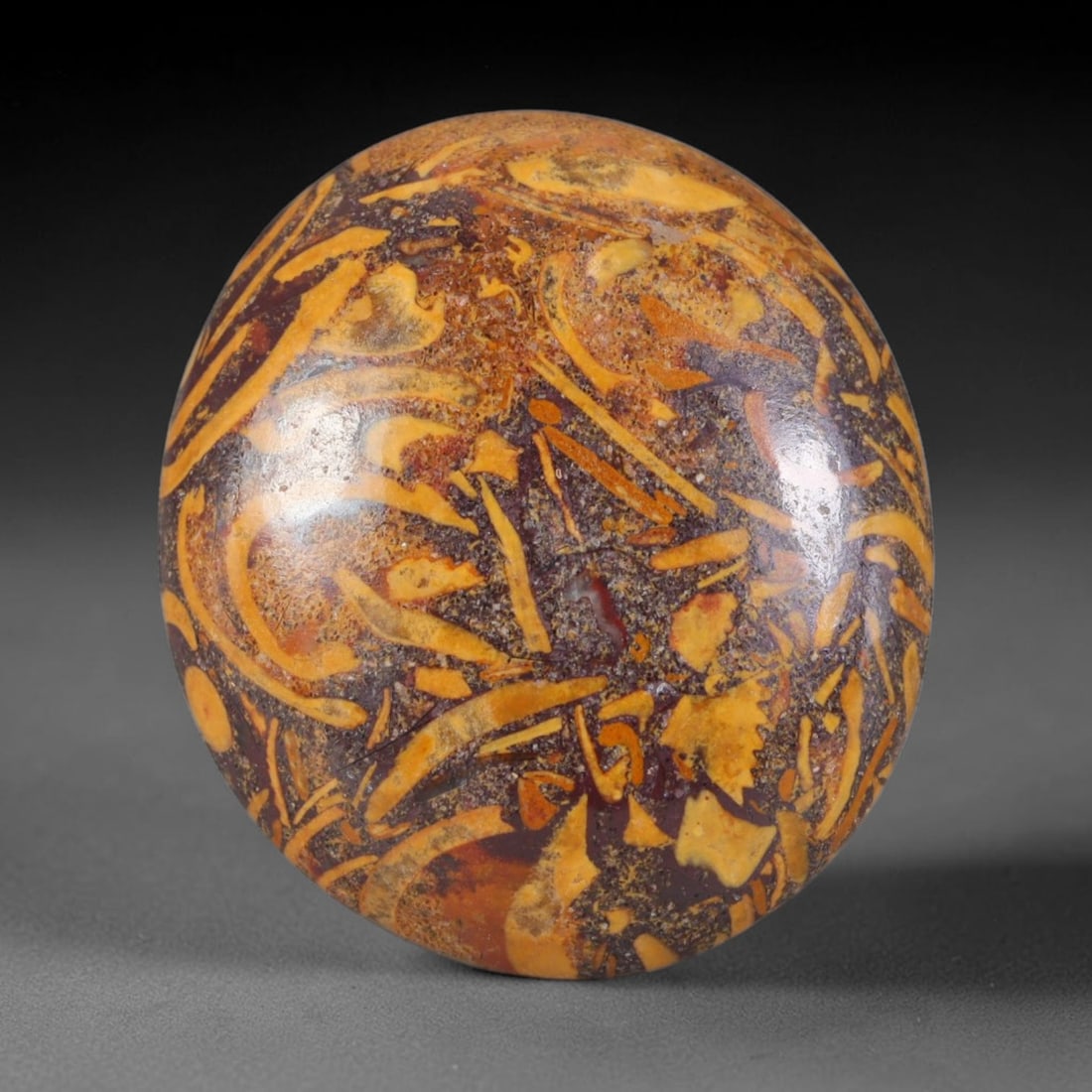 16ct Natural Mariam Jasper (Calligraphy Stone) Cabochon Loose Gemstone, 12AK: This fully polished Mariam Jasper, widely referred to as Calligraphy Stone, features deep plum base matrix interlaced with intricate golden ochre fossilized mineral veining that creates natural brushs