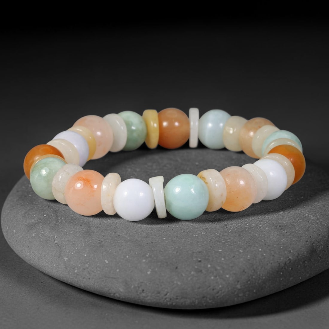 Natural Burmese Type A Jadeite Jade Beaded Bracelet, 19mm Beads, 63BK: Hand-strung bracelet crafted from polished untreated Burmese Type A jadeite jade beads. Every bead features smooth refined polishing with clean centered drill holes for sturdy flexible stringing. Auth
