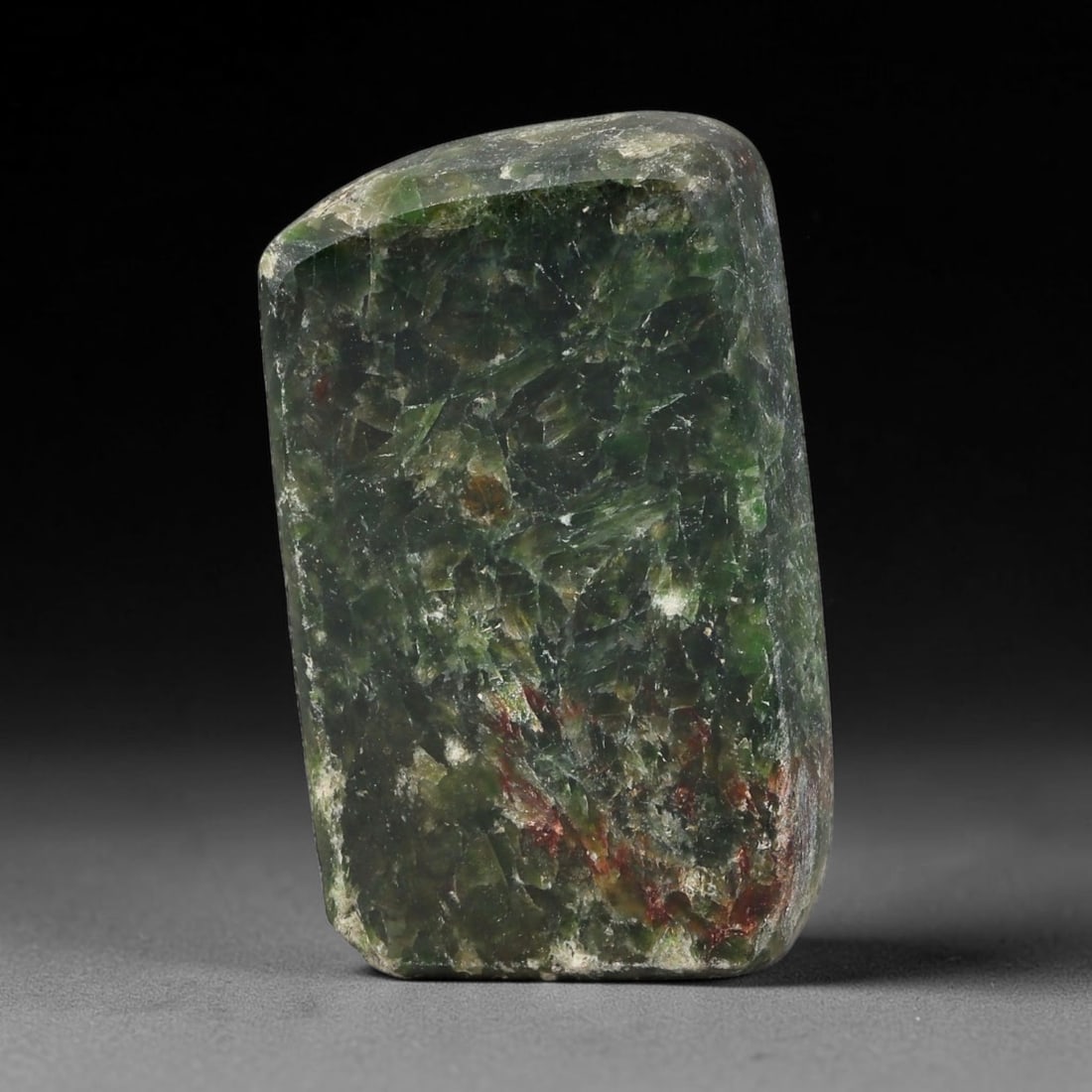 237ct Natural Type A Burmese Jadeite Jade Sliced Rough, 40FD: This specimen is a sliced rough block of natural Type A Burmese jadeite jade. The interior displays natural colour zoning with visible mineral veining and crystalline patterns typical of unprocessed j