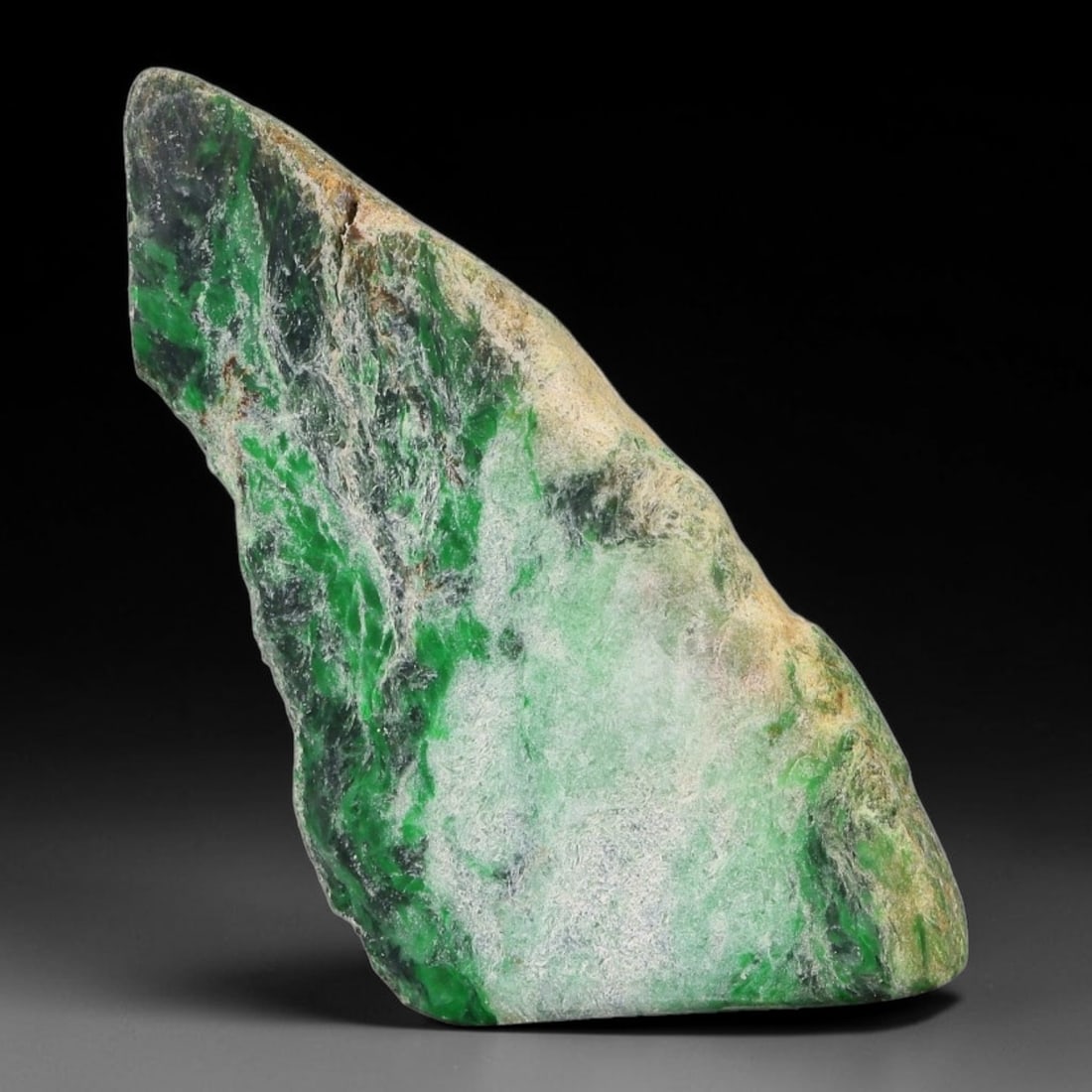 102ct Natural Type A Burmese Jadeite Jade Sliced Rough, 28FB: This specimen is a sliced rough block of natural Type A Burmese jadeite jade. The interior displays natural colour zoning with visible mineral veining and crystalline patterns typical of unprocessed j