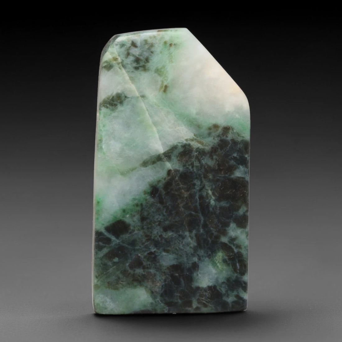 305ct Natural Type A Burmese Jadeite Jade Sliced Rough, 87EF: This specimen is a sliced rough block of natural Type A Burmese jadeite jade. The interior displays natural colour zoning with visible mineral veining and crystalline patterns typical of unprocessed j