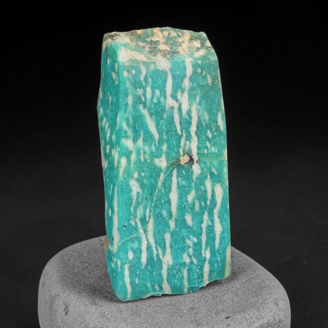 90ct Natural Russian Ural Amazonite Slab Rough, 94EB: This intact amazonite slab features distinct parallel mineral banding running uniformly across its naturally split flat surface within 50x21x10mm slab dimensions, retaining unmodified natural geologic