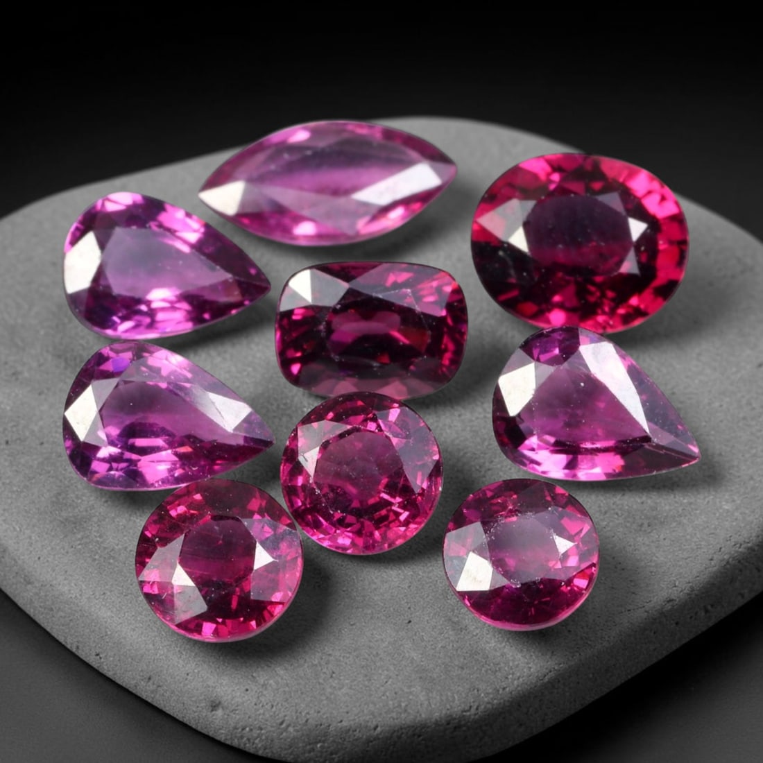 8.55ct Natural Mozambican Raspberry Pink Rhodolite Garnet Loose Gemstone Parcel Lot, 83EV: This dazzling parcel of rhodolite garnet displays rich raspberry-pink and deep magenta tones, brought alive by sharp faceting that delivers vivid sparkle across cushion, oval and pear shapes. Vibrant 