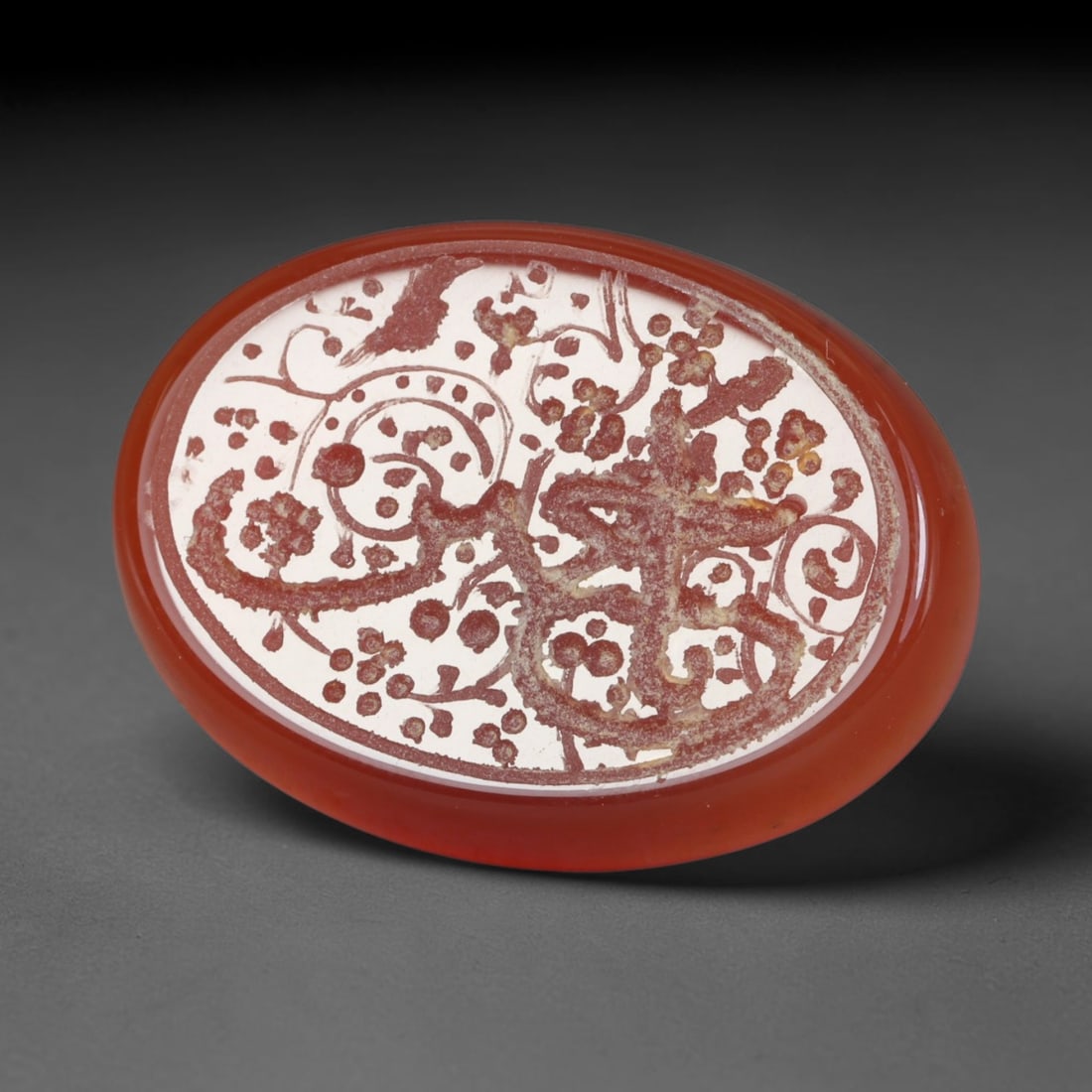 Vintage Carnelian Agate Islamic Calligraphic Script Intaglio Seal Cabochon Talisman, 48ER: This vintage natural carnelian agate intaglio seal cabochon draws inspiration from historic Islamic lapidary traditions, crafted as a wearable talisman and seal blank for jewelry setting. The polished