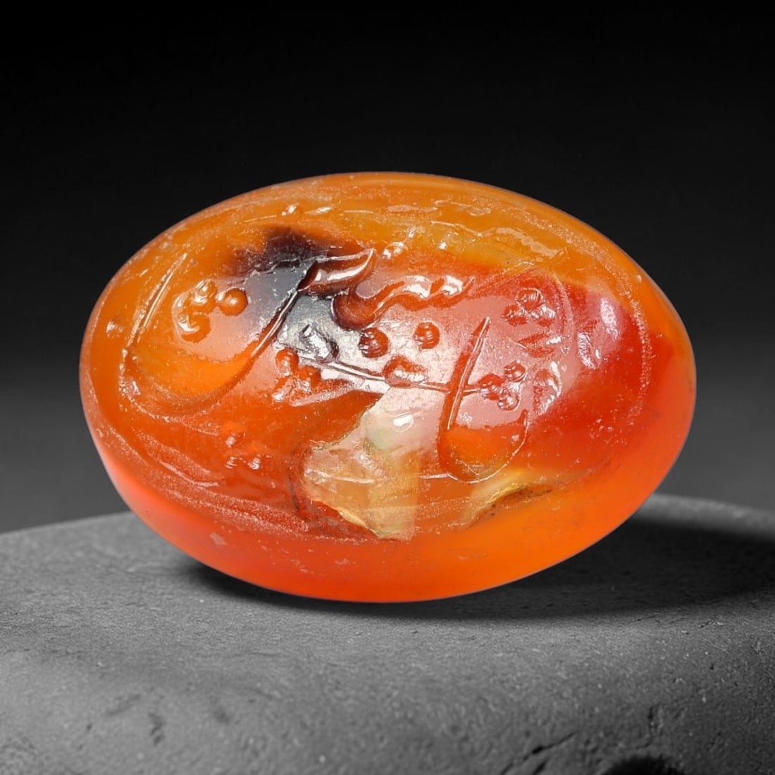 Early Vintage Islamic Natural Agate Script Intaglio Seal Cabochon (Post 1900 CE), 1EP: Fully hand-engraved agate intaglio seal tablet, crafted entirely by hand with no machine-assisted carving. The polished stone face features inscribed devotional script contained within a defined carvi