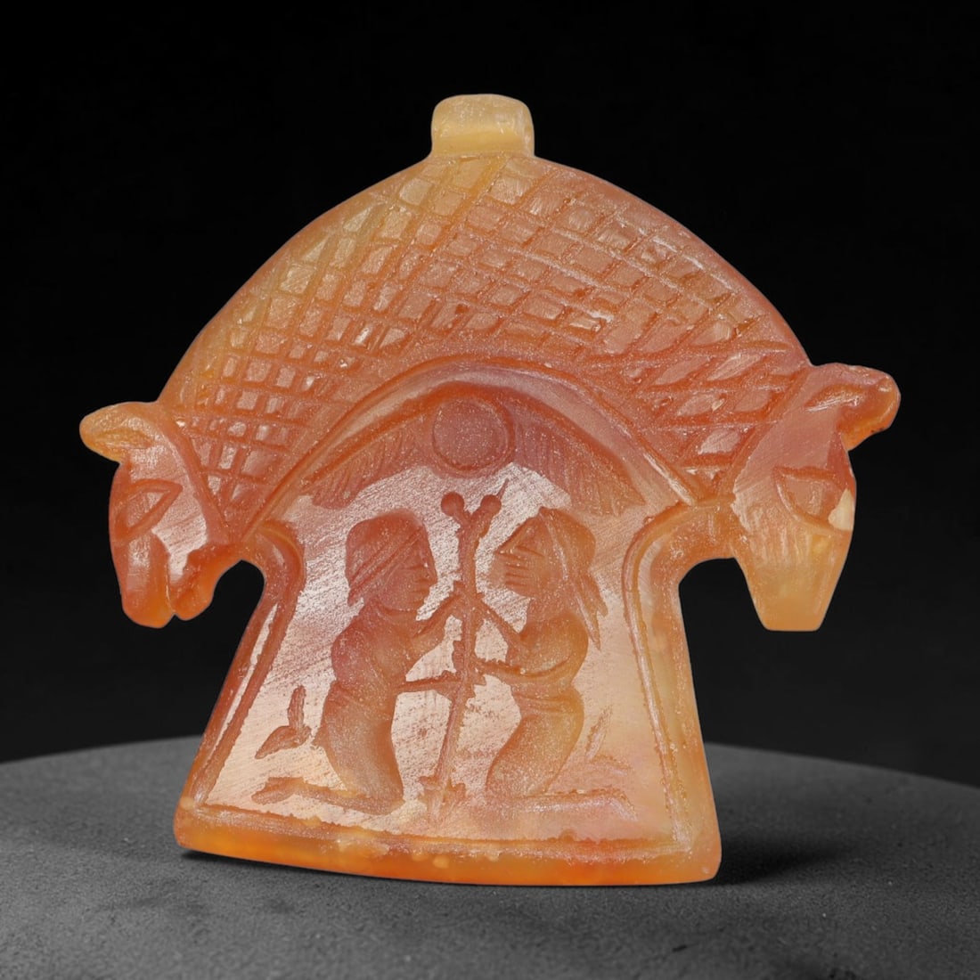 Vintage Natural Carnelian Agate Revival Indo-Persian Glyptic Figural Talisman Amulet Plaque, 50FK: This vintage talisman pendant plaque is skillfully carved from natural banded carnelian agate, crafted in a style referencing ancient Indo-Persian glyptic art traditions. The face bears detailed relie