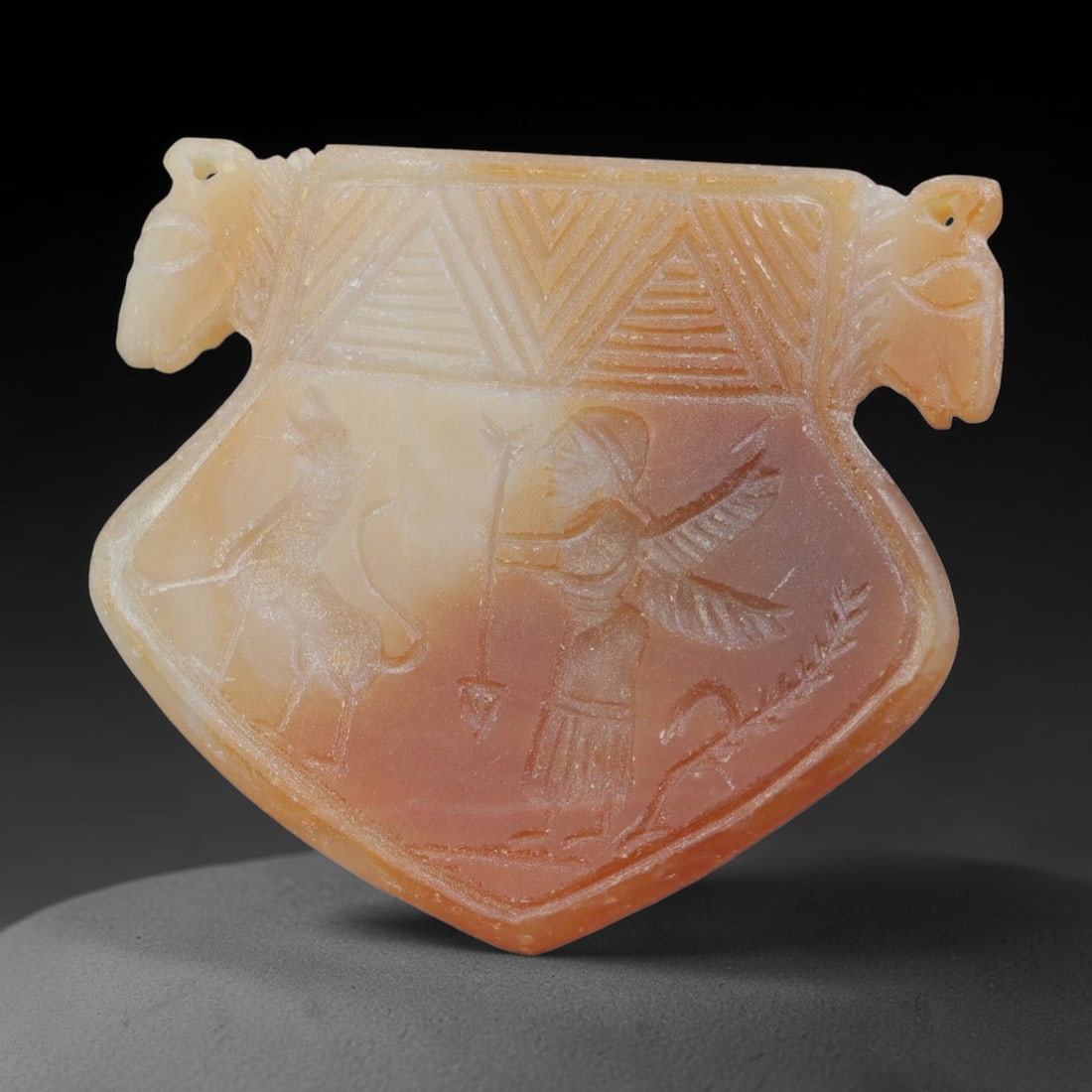 Vintage Natural Carnelian Agate Revival Indo-Persian Glyptic Figural Talisman Amulet Plaque, 41FK: This vintage talisman pendant plaque is skillfully carved from natural banded carnelian agate, crafted in a style referencing ancient Indo-Persian glyptic art traditions. The face bears detailed relie
