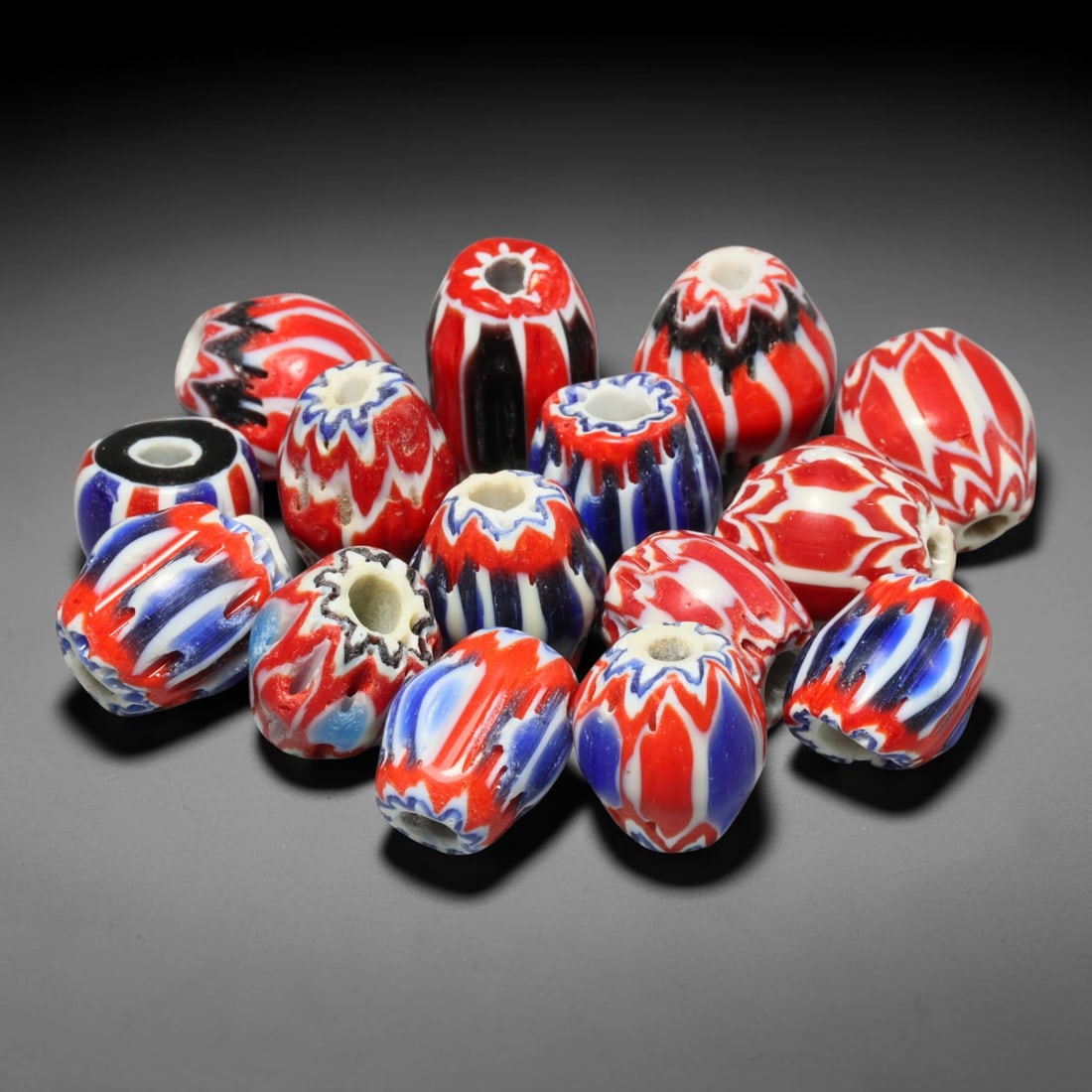 Vintage Chevron Glass Trade Bead Parcel Lot, 65EH: Vintage chevron glass bead collection, well-preserved with characteristic aged glass surface texture. Largest bead measures 15x10mm, suitable for jewellery assembly, collection and antique bead tradin
