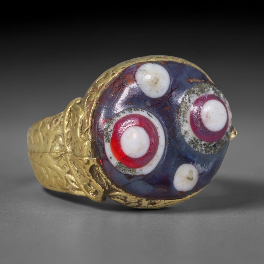 Antique Islamic Millefiori Evil Eye Glass Cabochon Set Vintage Signet Ring (1700-1900 CE), 65AM (1 of 1)
