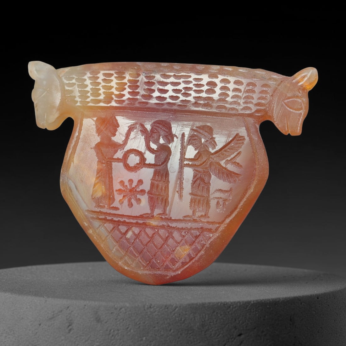 Vintage Natural Carnelian Agate Revival Indo-Persian Glyptic Figural Talisman Amulet Plaque, 2FK: This vintage talisman pendant plaque is skillfully carved from natural banded carnelian agate, crafted in a style referencing ancient Indo-Persian glyptic art traditions. The face bears detailed relie