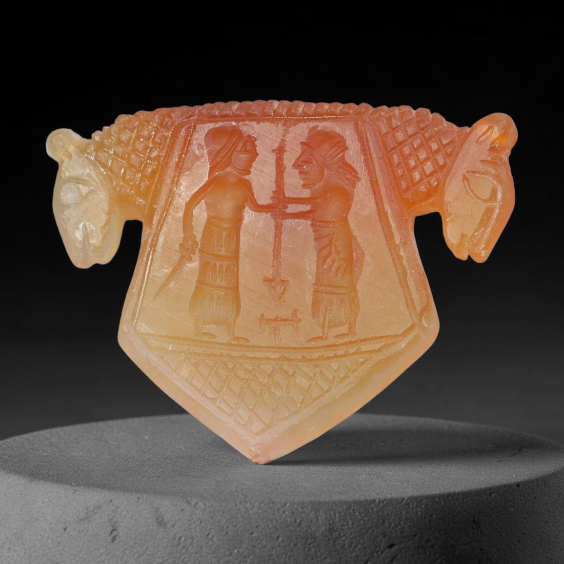 Vintage Natural Carnelian Agate Revival Indo-Persian Glyptic Figural Talisman Amulet Plaque, 84FK: This vintage talisman pendant plaque is skillfully carved from natural banded carnelian agate, crafted in a style referencing ancient Indo-Persian glyptic art traditions. The face bears detailed relie