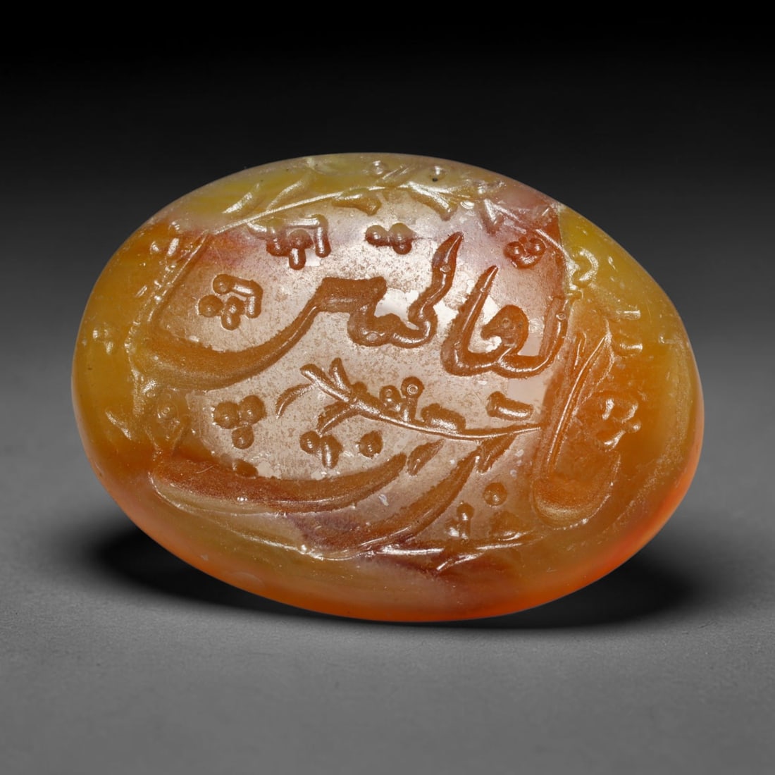 Early Vintage Islamic Natural Agate Calligraphic Script Intaglio Seal Cabochon (Post 1900 CE), 47EL: Fully hand-engraved agate intaglio seal tablet, crafted entirely by hand with no machine-assisted carving. The polished stone face features inscribed devotional script contained within a defined carvi