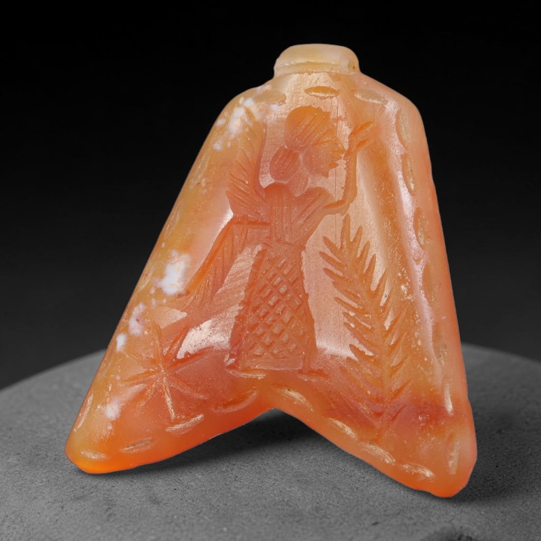 Vintage Natural Carnelian Agate Revival Indo-Persian Glyptic Figural Talisman Amulet Plaque, 18FK: This vintage talisman pendant plaque is skillfully carved from natural banded carnelian agate, crafted in a style referencing ancient Indo-Persian glyptic art traditions. The face bears detailed relie