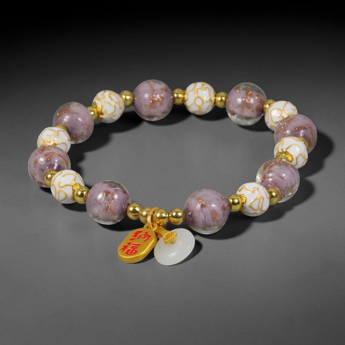 A Chinese Glass Cloisonne Beaded Bracelet - Purple Gold Sand Glass Charm Strand, 9AP: Hand-strung bracelet made with 10mm round Chinese glass beads and small cloisonne accent beads, alternating translucent lavender glass beads infused with fine gold aventurine dust and white cloisonne 