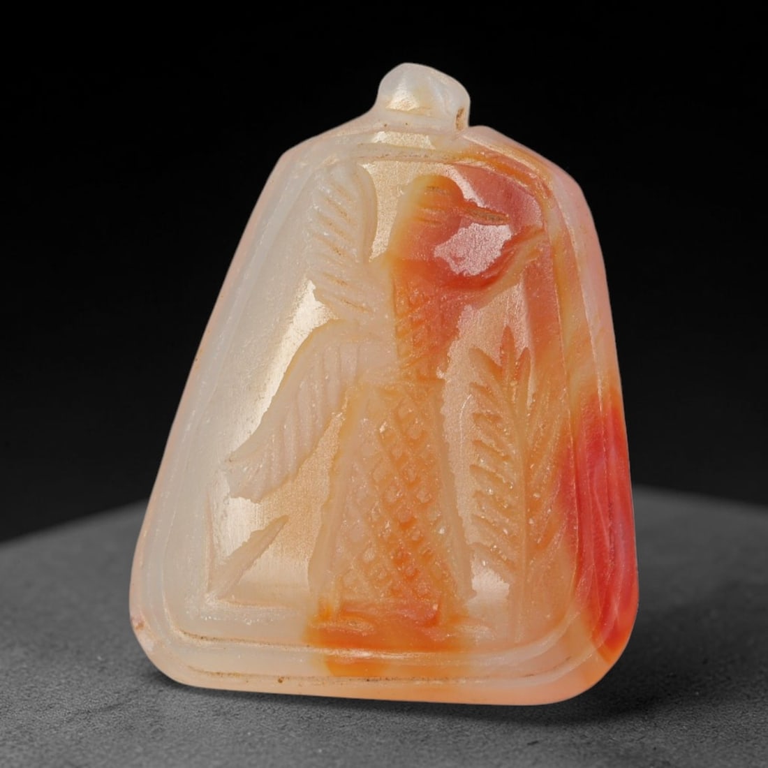 Vintage Natural Carnelian Agate Revival Indo-Persian Glyptic Figural Talisman Amulet Plaque, 89FK: This vintage talisman pendant plaque is skillfully carved from natural banded carnelian agate, crafted in a style referencing ancient Indo-Persian glyptic art traditions. The face bears detailed relie