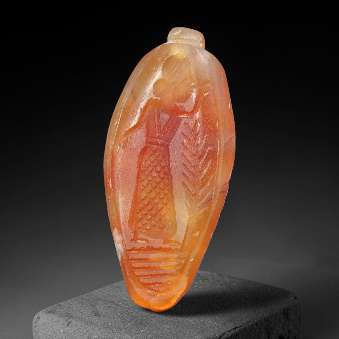 Vintage Natural Carnelian Agate Revival Indo-Persian Glyptic Figural Talisman Amulet Plaque, 16FL: This vintage talisman pendant plaque is skillfully carved from natural banded carnelian agate, crafted in a style referencing ancient Indo-Persian glyptic art traditions. The face bears detailed relie