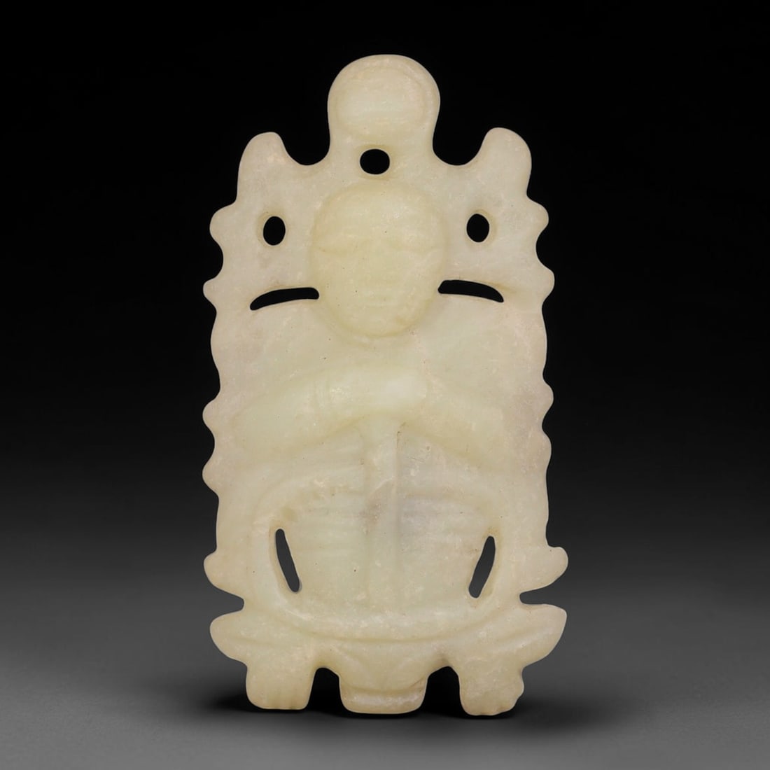 A Chinese Hetian Nephrite Jade Carved Figural Pendant, 74AS: Crafted from solid Chinese Hetian nephrite jade, this piece is executed with traditional hand-carving techniques, featuring precise relief detailing, intentional openwork piercing, and smooth polished