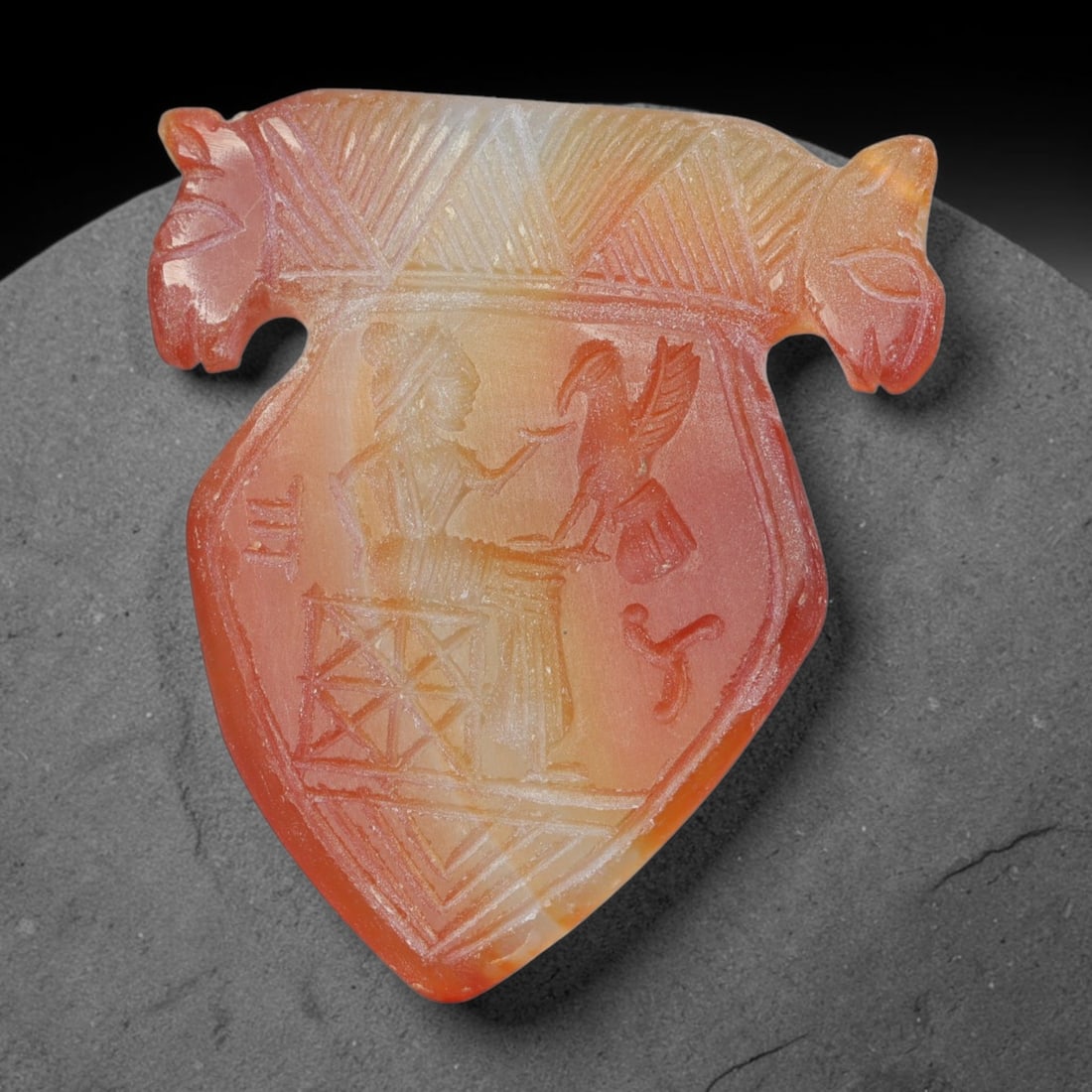 Vintage Natural Carnelian Agate Revival Indo-Persian Glyptic Figural Talisman Amulet Plaque, 86FK: This vintage talisman pendant plaque is skillfully carved from natural banded carnelian agate, crafted in a style referencing ancient Indo-Persian glyptic art traditions. The face bears detailed relie