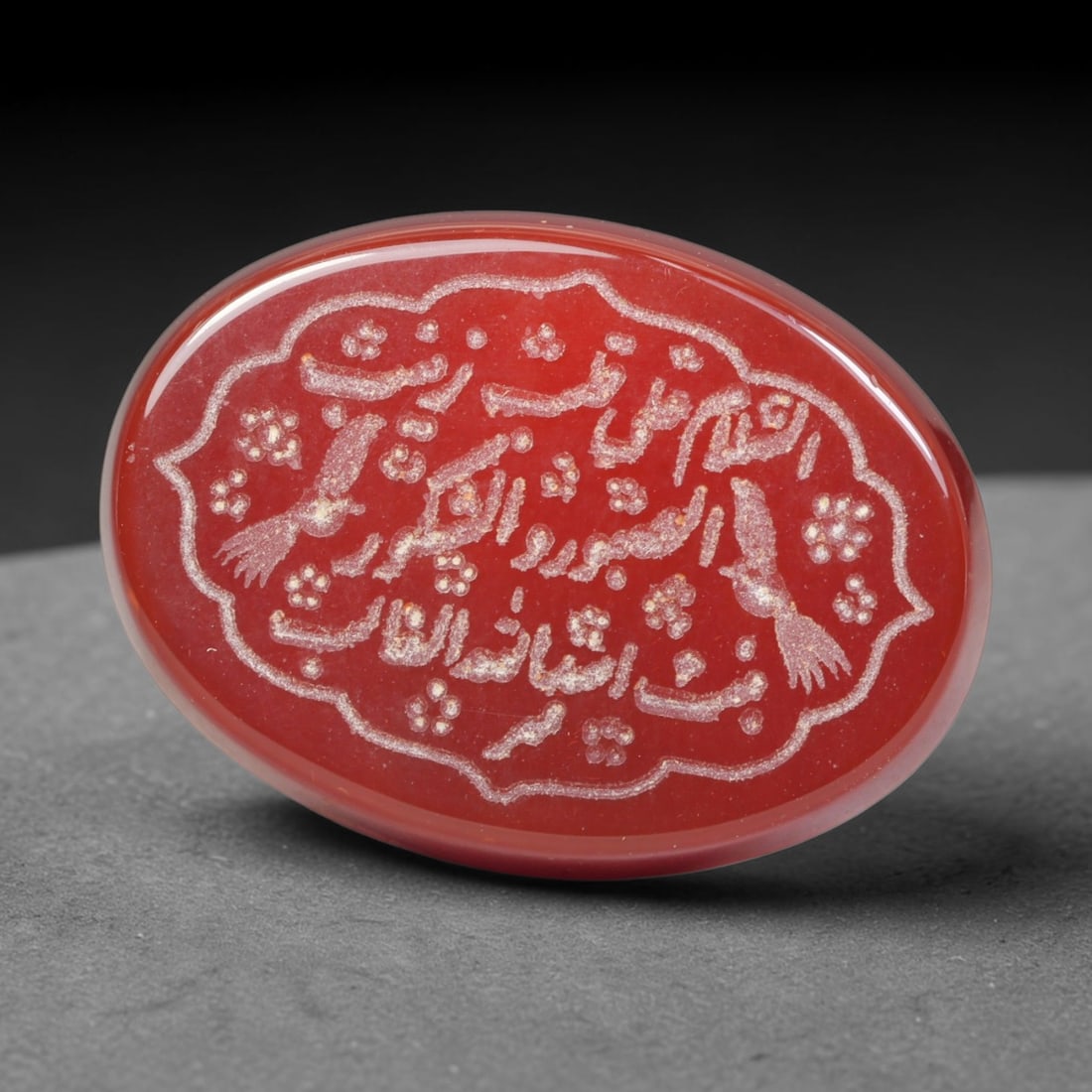 Vintage Carnelian Agate Islamic Calligraphic Intaglio Seal Cabochon Talisman, 17EL: This vintage natural carnelian agate intaglio seal cabochon draws inspiration from historic Islamic lapidary traditions, crafted as a wearable talisman and seal blank for jewelry setting. The polished