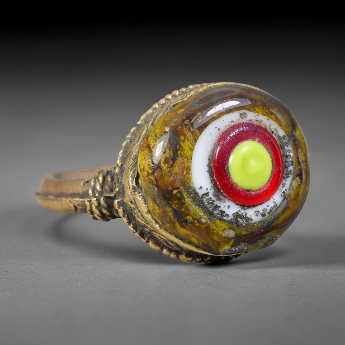 Antique Islamic Millefiori Evil Eye Glass Cabochon Set Vintage Signet Ring (1700-1900 CE), 40AN (1 of 1)