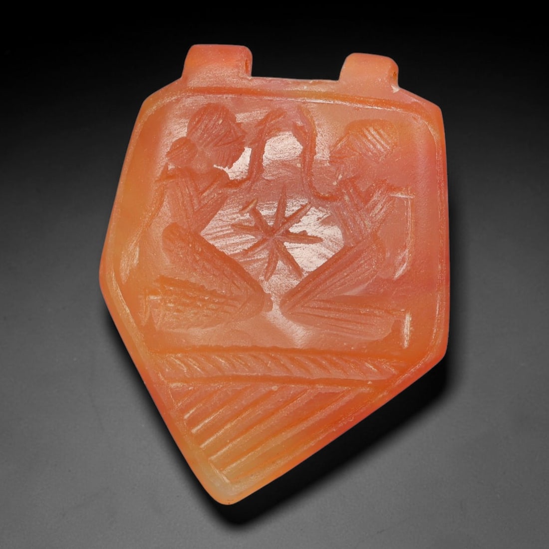 Vintage Natural Carnelian Agate Revival Indo-Persian Glyptic Figural Talisman Amulet Plaque, 99FK: This vintage talisman pendant plaque is skillfully carved from natural banded carnelian agate, crafted in a style referencing ancient Indo-Persian glyptic art traditions. The face bears detailed relie