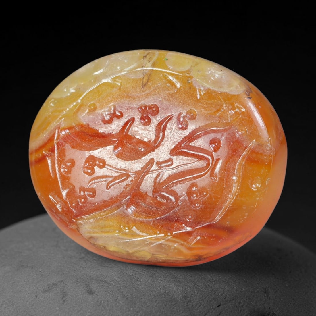 Early Vintage Islamic Natural Agate Calligraphic Script Intaglio Seal Cabochon (Post 1900 CE), 100EK: Fully hand-engraved agate intaglio seal tablet, crafted entirely by hand with no machine-assisted carving. The polished stone face features inscribed devotional script contained within a defined carvi