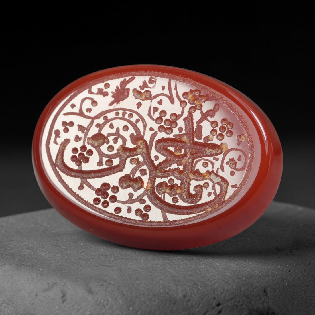 Vintage Carnelian Agate Islamic Calligraphic Script Intaglio Seal Cabochon Talisman, 24EQ: This vintage natural carnelian agate intaglio seal cabochon draws inspiration from historic Islamic lapidary traditions, crafted as a wearable talisman and seal blank for jewelry setting. The polished