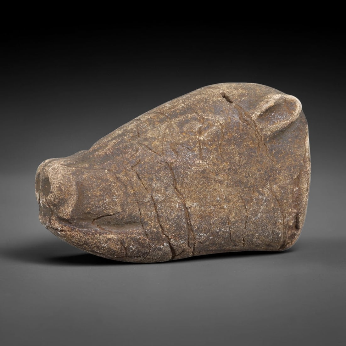 Ancient Medieval Near Eastern Stone Zoomorphic Head (600-1100 CE), 72EJ: This antique stone zoomorphic head originates from medieval Near Eastern cultural tradition, created for ceremonial and talismanic function. The dense stone bears heavy agerelated patina, surface eros