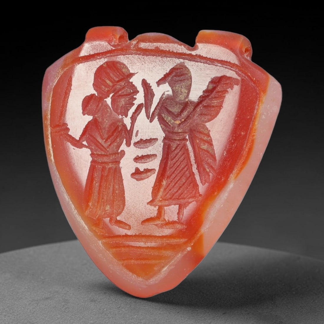 Vintage Natural Carnelian Agate Revival Indo-Persian Glyptic Figural Talisman Amulet Plaque, 53FL: This vintage talisman pendant plaque is skillfully carved from natural banded carnelian agate, crafted in a style referencing ancient Indo-Persian glyptic art traditions. The face bears detailed relie