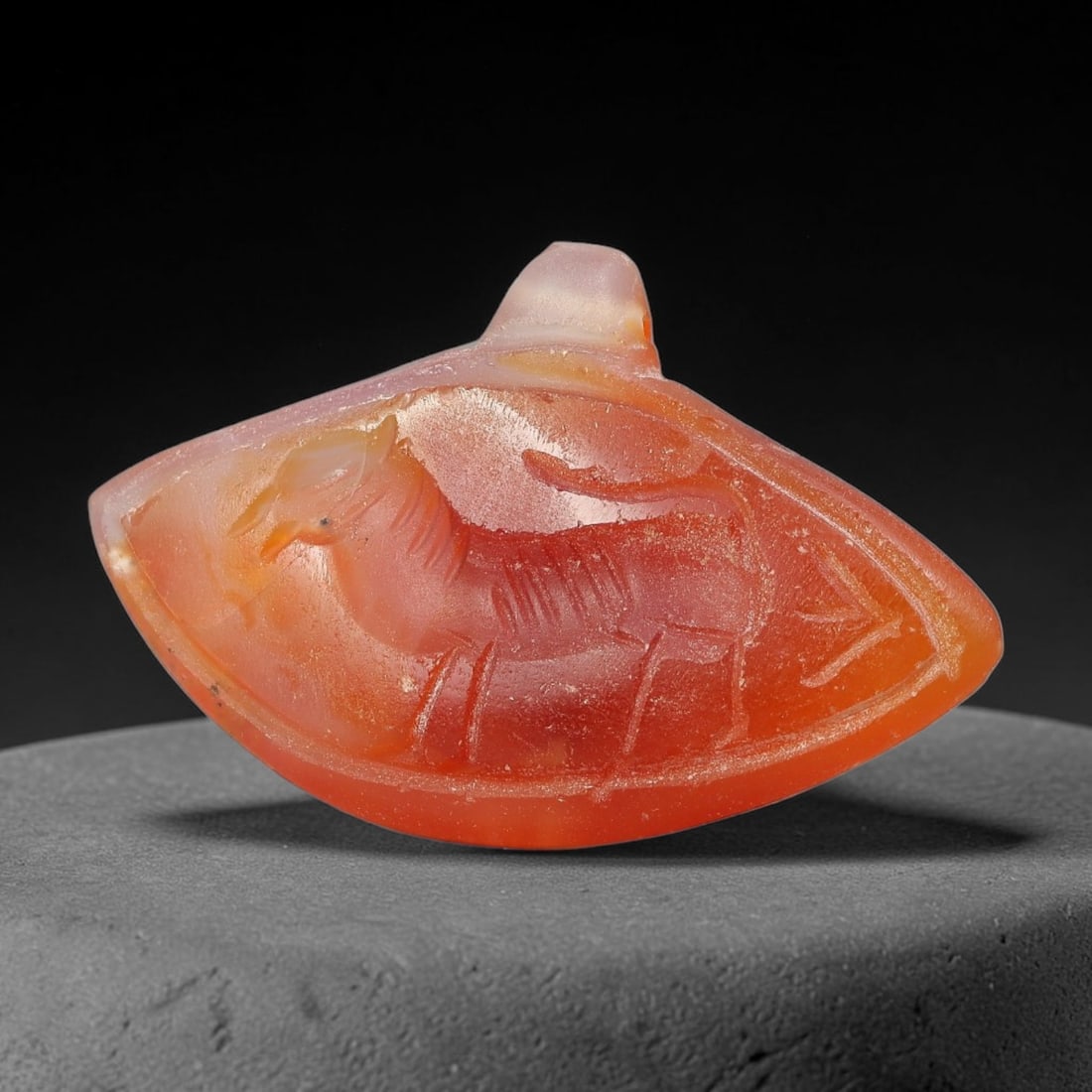 Vintage Natural Carnelian Agate Revival Indo-Persian Glyptic Figural Talisman Amulet Plaque, 60FL: This vintage talisman pendant plaque is skillfully carved from natural banded carnelian agate, crafted in a style referencing ancient Indo-Persian glyptic art traditions. The face bears detailed relie