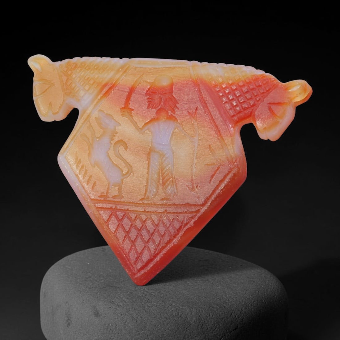 Vintage Natural Carnelian Agate Revival Indo-Persian Glyptic Figural Talisman Amulet Plaque, 26FK: This vintage talisman pendant plaque is skillfully carved from natural banded carnelian agate, crafted in a style referencing ancient Indo-Persian glyptic art traditions. The face bears detailed relie