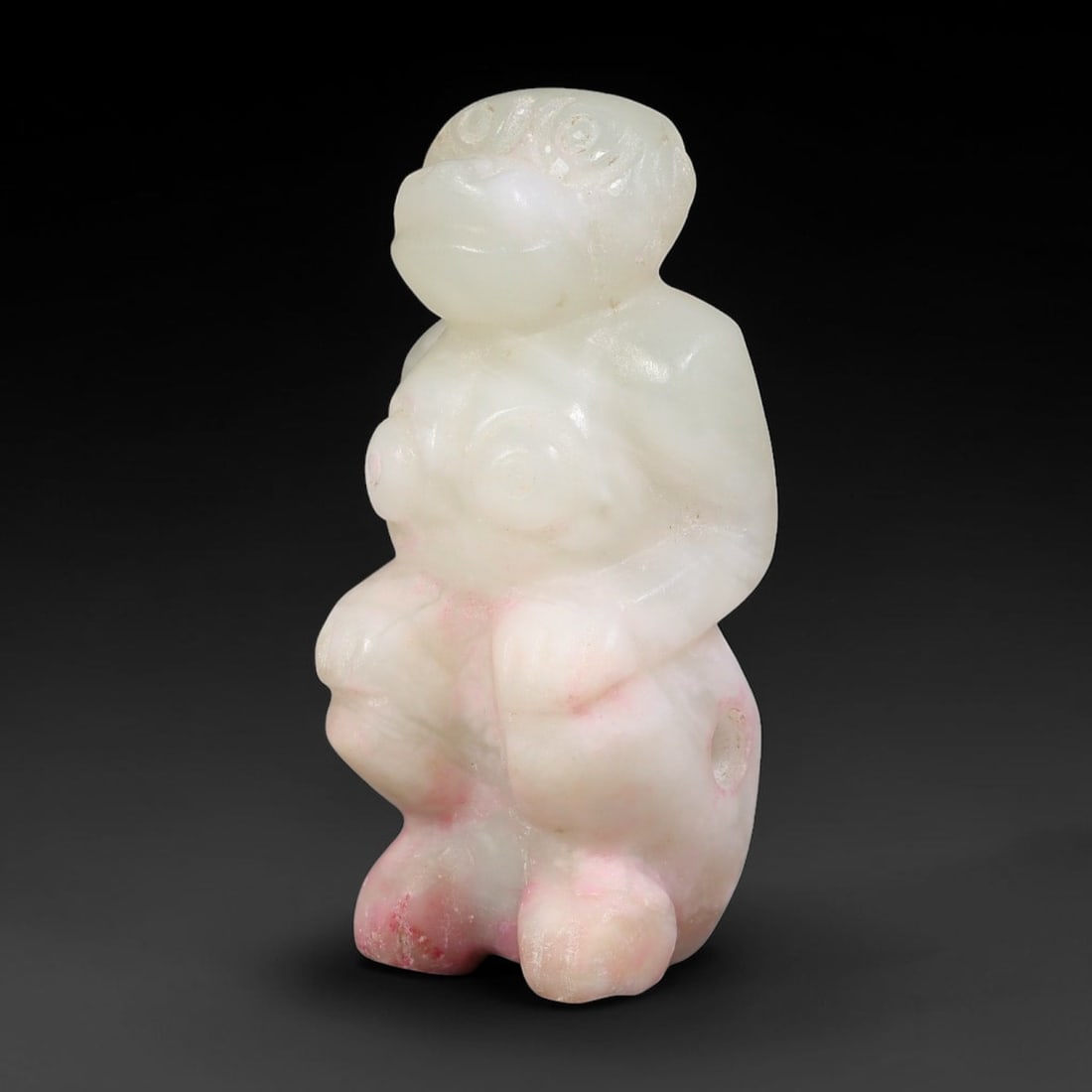 Vintage Carved Marble Anthropomorphic Figurine Talisman Amulet Pendant, 59FK: This vintage wearable talisman amulet is hand carved from pale marble with natural pink tone inclusions, sculpted into a stylized anthropomorphic seated form. A side piercing hole enables threading fo