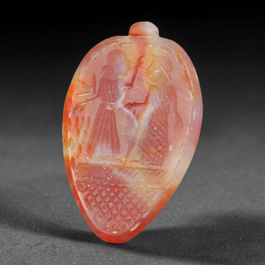 Vintage Natural Carnelian Agate Revival Indo-Persian Glyptic Figural Talisman Amulet Plaque, 80FK: This vintage talisman pendant plaque is skillfully carved from natural banded carnelian agate, crafted in a style referencing ancient Indo-Persian glyptic art traditions. The face bears detailed relie