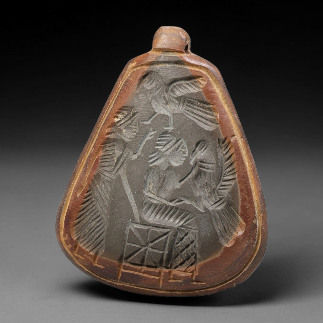 Vintage Natural Carnelian Agate Revival Indo-Persian Glyptic Figural Talisman Amulet Plaque, 4FK: This vintage talisman pendant plaque is skillfully carved from natural banded carnelian agate, crafted in a style referencing ancient Indo-Persian glyptic art traditions. The face bears detailed relie