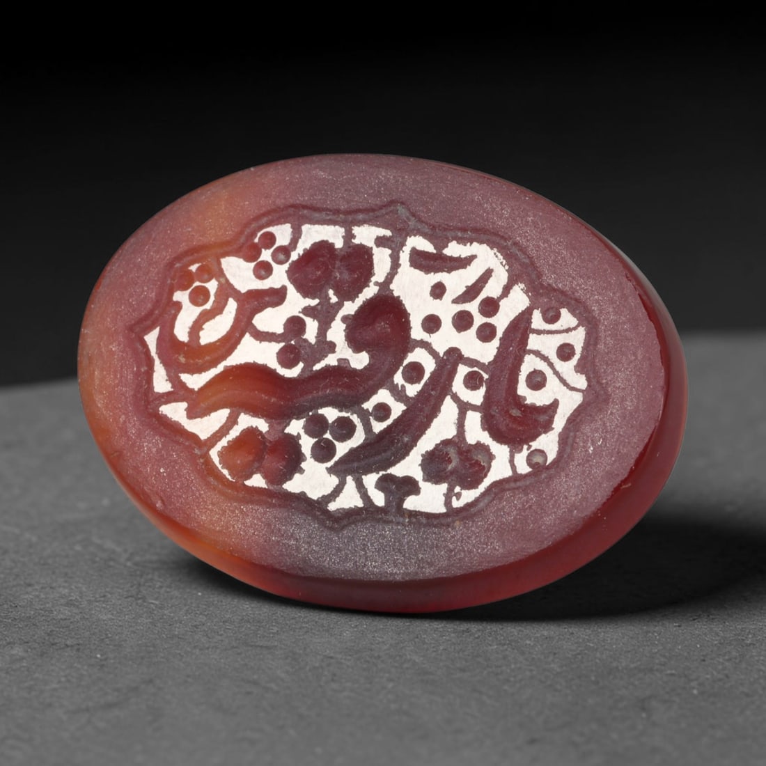 Vintage Carnelian Agate Islamic Calligraphic Script Intaglio Seal Cabochon Talisman, 95ER: This vintage natural carnelian agate intaglio seal cabochon draws inspiration from historic Islamic lapidary traditions, crafted as a wearable talisman and seal blank for jewelry setting. The polished