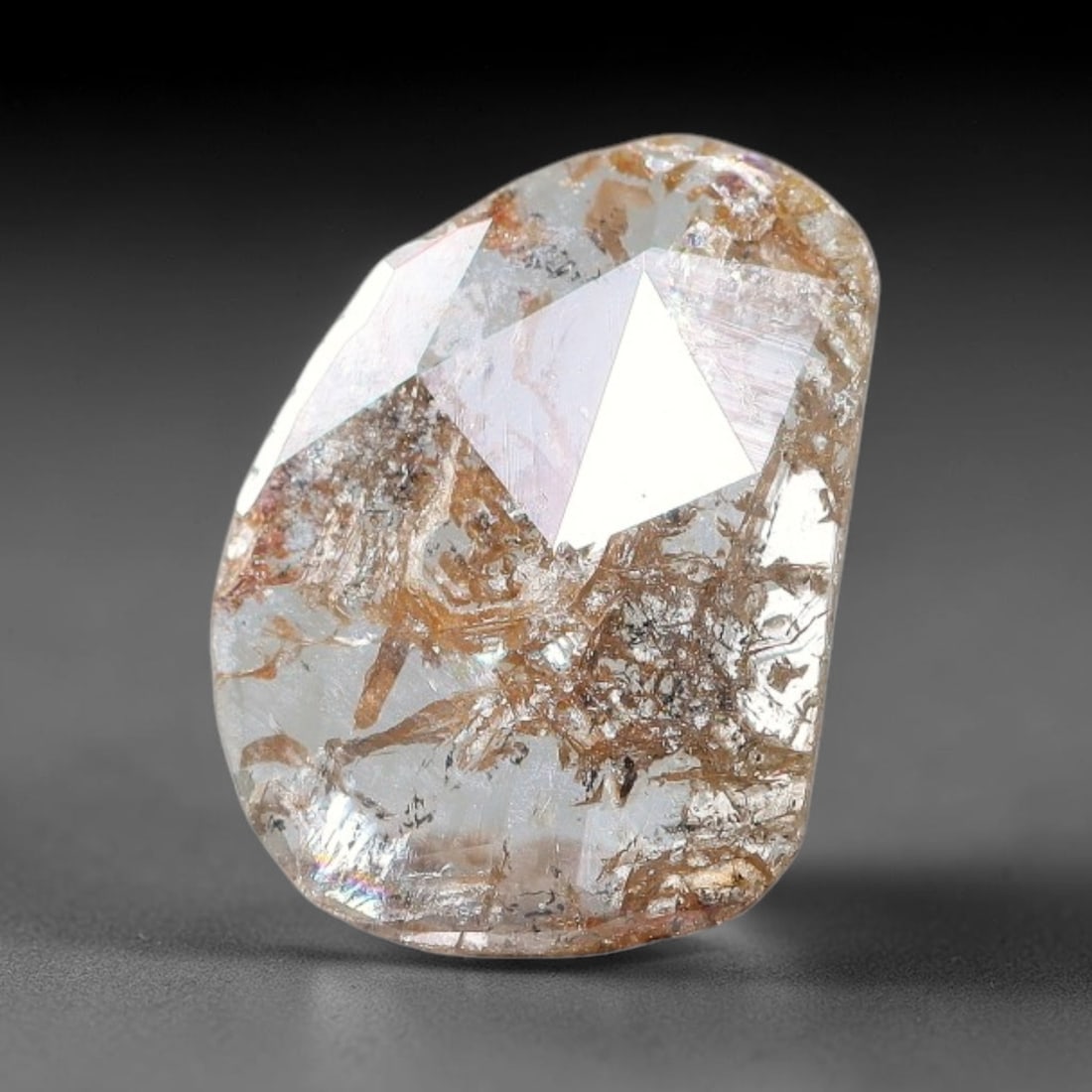 0.43ct Natural Fancy Diamond Slice, Hand Rose Cut with Pictorial Inclusions Loose Gemstone, 34BG: This unique natural diamond slice features a delicate hand-executed rose cut surface, showcasing captivating pictorial mineral inclusions trapped within the diamond matrix. Measuring 8.5x6x0.7mm, the 