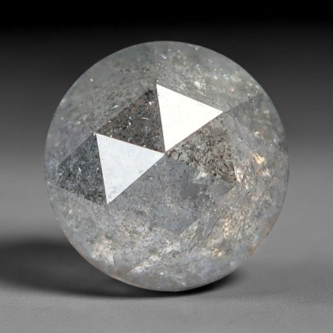 0.23ct Natural Untreated Salt And Pepper Round Rose Cut Diamond Loose Gemstone, 47BH: This polished natural salt and pepper diamond features a translucent pale base naturally scattered with distinctive dark mineral speckles and inclusions throughout its crystal interior, measured at ca