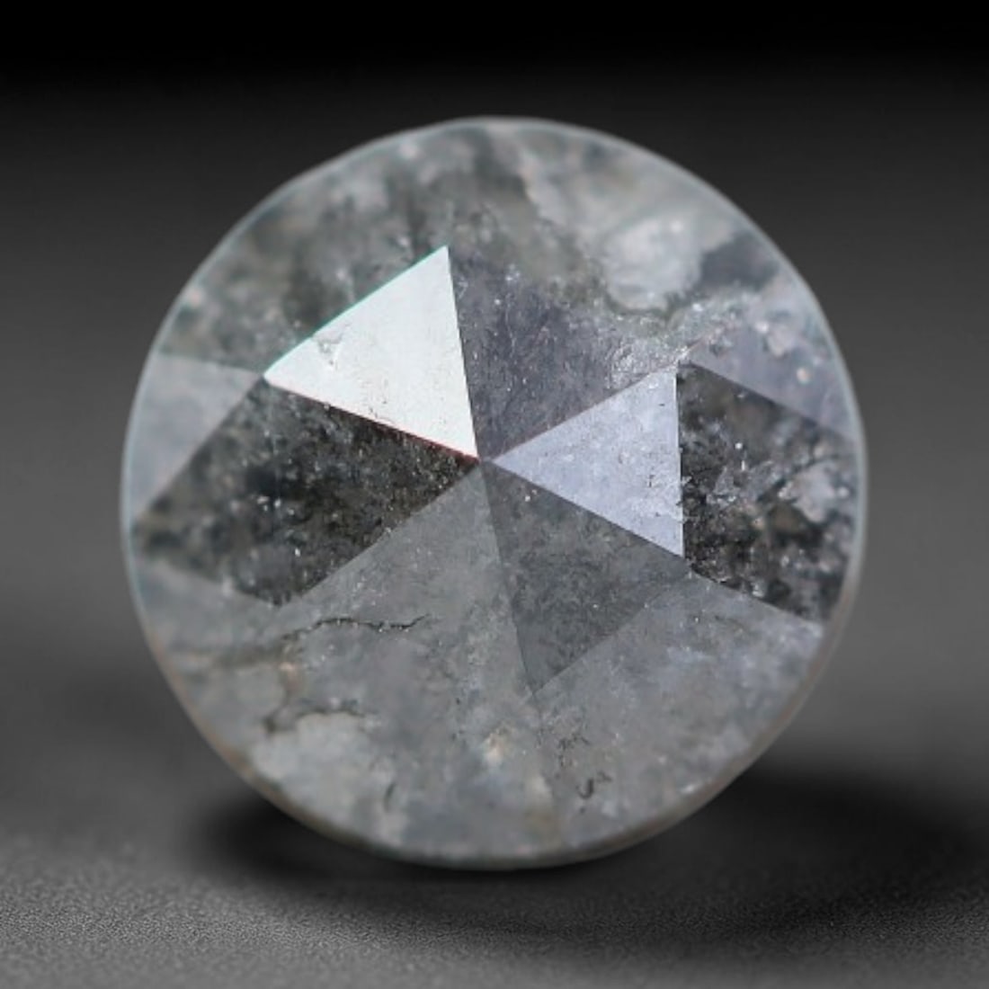 0.29ct Natural Untreated Salt And Pepper Round Rose Cut Diamond Loose Gemstone, 63BH: This polished natural salt and pepper diamond features a translucent pale base naturally scattered with distinctive dark mineral speckles and inclusions throughout its crystal interior, measured at ca