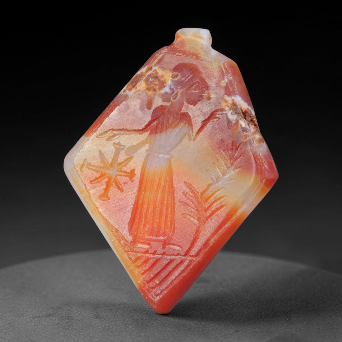 Vintage Natural Carnelian Agate Revival Indo-Persian Glyptic Figural Talisman Amulet Plaque, 82FK: This vintage talisman pendant plaque is skillfully carved from natural banded carnelian agate, crafted in a style referencing ancient Indo-Persian glyptic art traditions. The face bears detailed relie