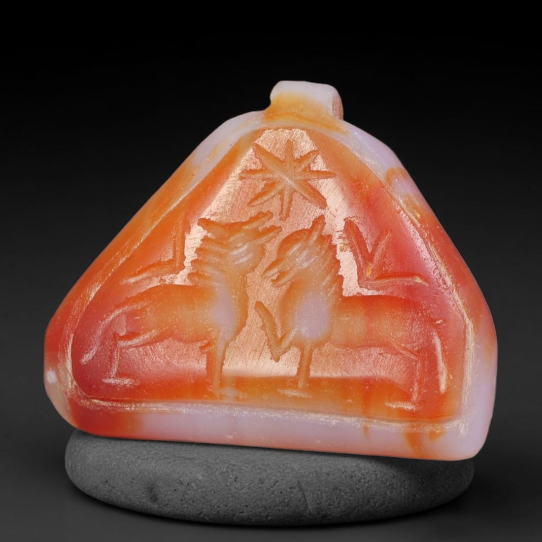 Vintage Natural Carnelian Agate Revival Indo-Persian Glyptic Figural Talisman Amulet Plaque, 97FK: This vintage talisman pendant plaque is skillfully carved from natural banded carnelian agate, crafted in a style referencing ancient Indo-Persian glyptic art traditions. The face bears detailed relie